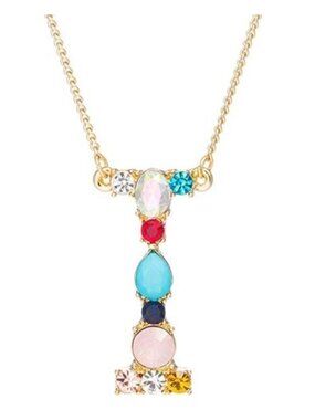Large Initial Letter "I" Name Multi Color Rhinestone Gold Tone Necklace